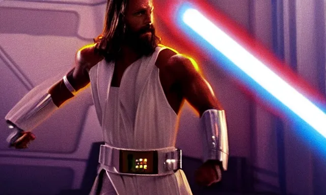 Prompt: full shot photograph of super jesus christ fighting in star wars, using a cross - shaped gold lightsaber, photorealistic, cinematic lighting, extremely detailed, star wars