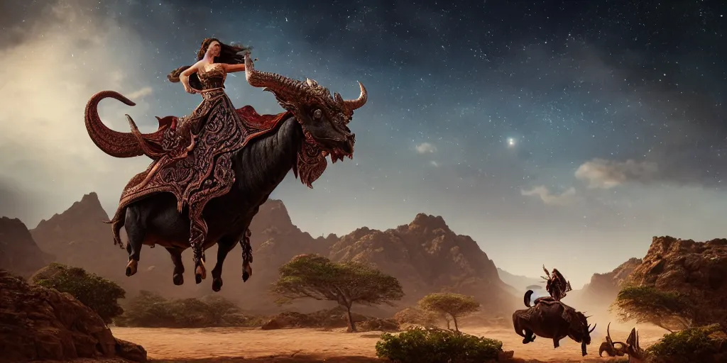 Image similar to a beautiful ornate woman, riding a bull in socotra island with dragon trees, starry night, sharp focus, wide shot, trending on artstation, masterpiece, by greg rutkowski, by ross tran, by fenghua zhong, octane, soft render, ultrarealistic, colorful, cinematic, shadow of the tomb rider