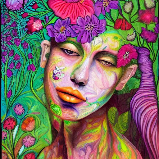 Image similar to a painting of a woman's face surrounded by flowers, a surrealist painting by alice mason, deviantart, psychedelic art, psychedelic, biomorphic, detailed painting