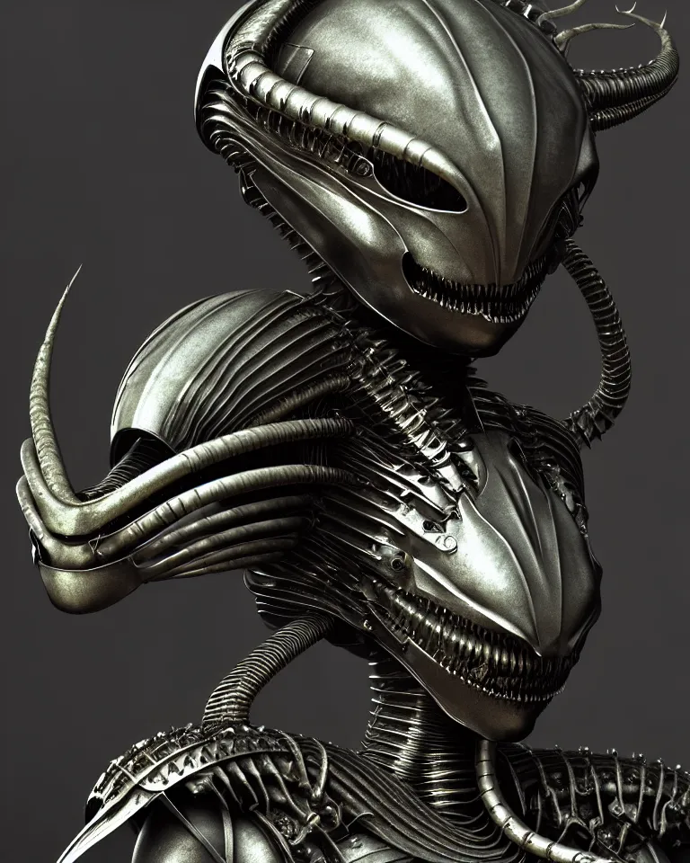 Image similar to epic portrait of alien queen in ring armour by giger and elvgren epic octane vfx maya render