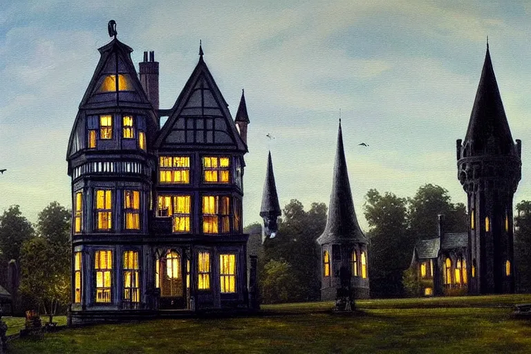 Prompt: a beautiful painting of a victorian house with bay windows, and a tower at night, very detailed by samuel and joseph newsom, harry potter