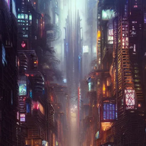 Prompt: wide angle shot of a cyberpunk city, intricate, elegant, highly detailed, centered, digital painting, artstation, concept art, smooth, sharp focus, illustration, artgerm, Tomasz Alen Kopera, Peter Mohrbacher, donato giancola, Joseph Christian Leyendecker, WLOP, Boris Vallejo