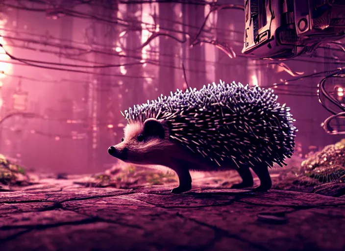 Image similar to intricate hedgehog with optic fibers instead of needles, on the background of a weird magical mechanical forest. Very detailed 8k. Fantasy cyberpunk horror. Sharp. Cinematic post-processing. Unreal engine. Nanite. Ray tracing. Parallax. Tessellation