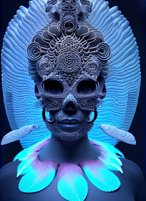 Image similar to 3 d goddess profile portrait, sigma 5 0 0 mm f / 5. beautiful intricate highly detailed quetzalcoatl skull and feathers. bioluminescent, plasma, lava, ice, water, wind, creature, thunderstorm! artwork by tooth wu and wlop and beeple and greg rutkowski, 8 k trending on artstation,