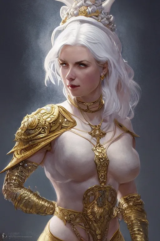 Image similar to fullbody!! beautiful woman with white hair, big natural horns on her head, gold jewellery, dnd, face, fantasy, intricate, elegant, highly detailed, digital painting, artstation, concept art, smooth, sharp focus, illustration, art by artgerm and greg rutkowski and alphonse mucha