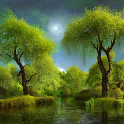 Image similar to hilly island in ethereal fairy swamp, hyperrealism, willow trees, fantasy illustration