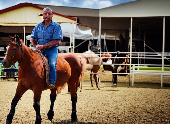 Image similar to photo still of charles bronson at the county fair!!!!!!!! at age 5 6 years old 5 6 years of age!!!!!!!! riding a small pony, 8 k, 8 5 mm f 1. 8, studio lighting, rim light, right side key light