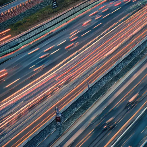 Image similar to a stunning aesthetic wallpaper of a highway full of traffic with a train track and bus lane, photograph by leon macapagal, 8 k, soft focus, cinematic lighting, trending on flicker.