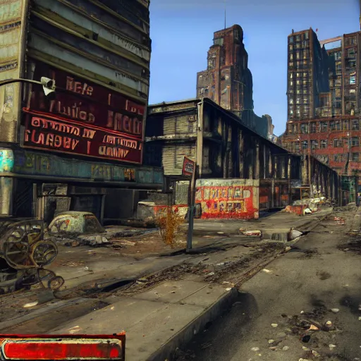 Image similar to New York in ruins post-nuclear war in Fallout 4, in game screenshot