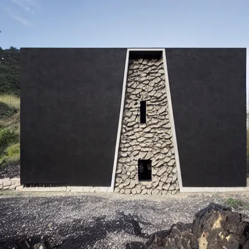 Prompt: tall black geometric house, embedded in lava cliff, full view, black house, molten metal house, minimal design, highly detailed