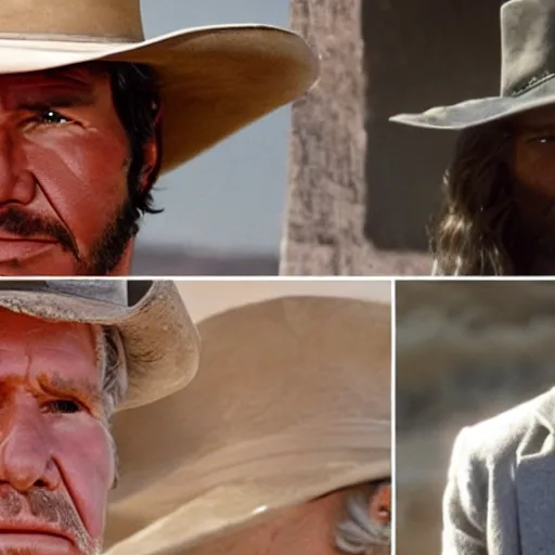 Image similar to harrison ford as the man with no name from the good the bad and the ugly ( higly detailed, still shot, cinematic, photo realistic, great quality )