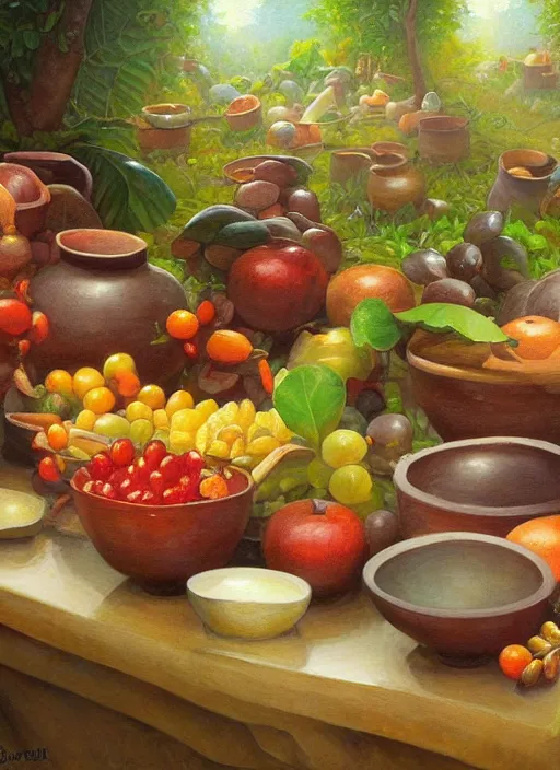 Image similar to a beautiful painting of pots filled with fruits and food in the jungle, close up, abundance, art by christophe vacher