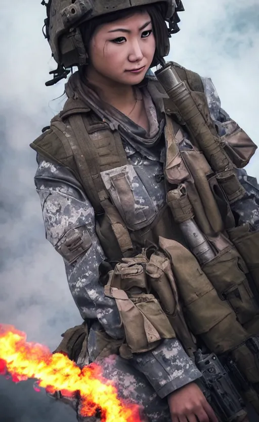 Prompt: portrait photo of a female and asian tank commander, highly detailed, smoke and flames in the background, high resolution, cosplay photo, stunning, girls frontline style, bokeh soft, shot on 90mm, zenithal lightning, trending on instagram, by award winning photographer, realistic human anatomy, real human faces, realistic military carrier, soldier clothing, modern warfare, she is shouting and pointing to front, shot with a professional camera, low saturation, soldier clothing