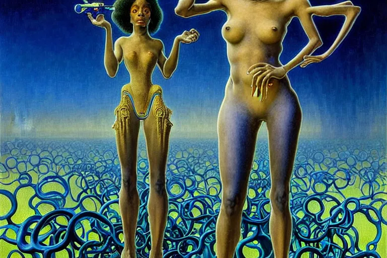 Image similar to realistic extremely detailed portrait painting of a beautiful black woman with a robot, futuristic sci-fi landscape on background by Jean Delville, Amano, Yves Tanguy, Mark Brooks, Alphonse Mucha, Ernst Haeckel, Edward Robert Hughes, Roger Dean, rich moody colours, blue eyes