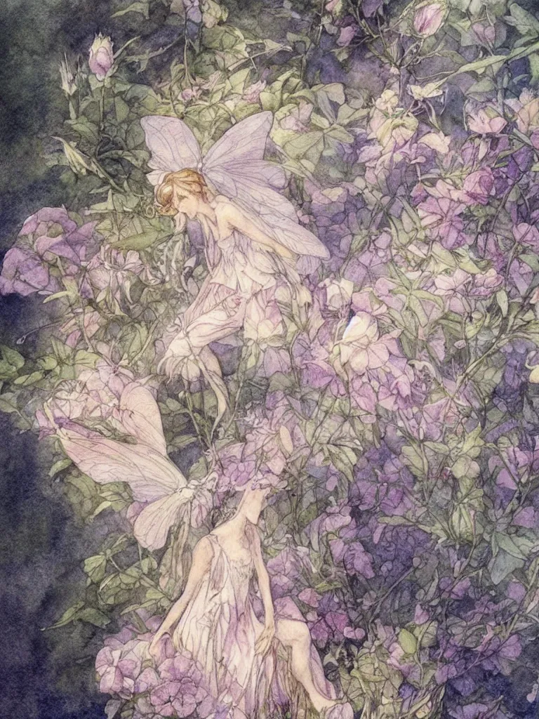 Prompt: annotated study of a flower fairy, illustration, watercolor, alan lee, detailed, pretty, ethereal,