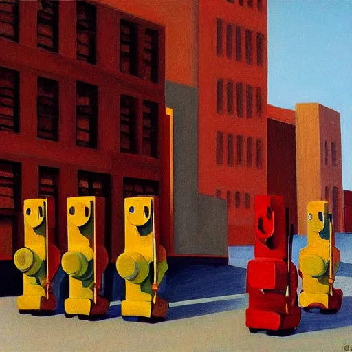 Image similar to red robots queue up in a drab brutalist town, street elevation, grant wood, pj crook, edward hopper, oil on canvas