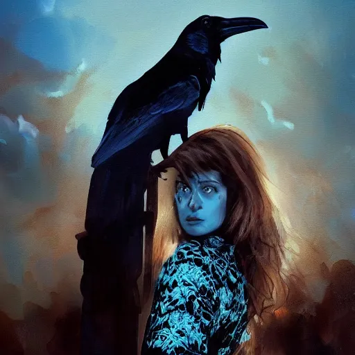 Image similar to morning, raven bird perching on the shoulder of a woman in a black dress. sun, cinematic, clouds, vogue cover style, copper and deep blue mood, realistic painting, intricate oil painting, high detail, figurative art, multiple exposure, poster art, 3 d, by simon bisley, ismail inceoglu, wadim kashin, filip hodas.