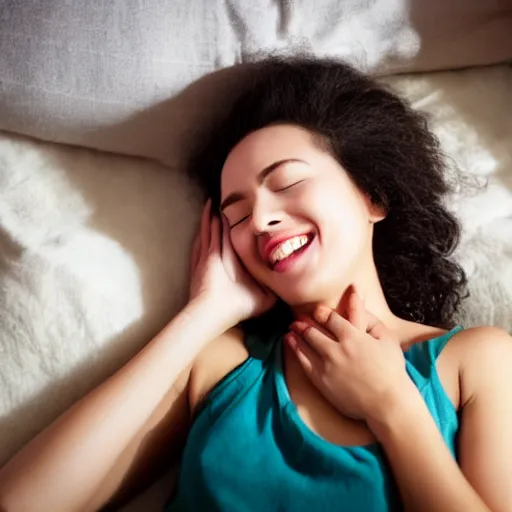 Image similar to a beautiful woman smiles as she falls asleep