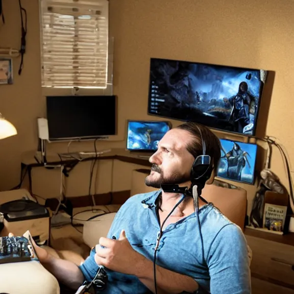 Image similar to john marston in his bedroom, playing pc games with gaming headphones on, photograph