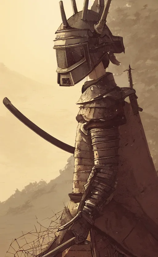 Image similar to portrait of a yari ashigaru, japanese castle in the background, character design, dark souls style, artstation, stunning, shogun era, matte, by professional artist, ilya kuvshinov, realistic human anatomy, realistic armor, realistic lance, low saturation, small eyes