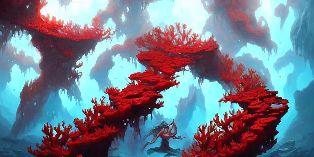 Prompt: beautiful red coral, underwater caverns, 5 e, d & d, fantasy, highly detailed, masterpiece, digital painting, artstation, concept art, smooth, sharp focus, illustration, art by artgerm, by greg rutkowski