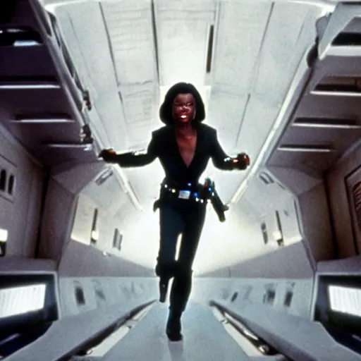 Prompt: young woman Condoleezza Rice as Han Solo in Star Wars, movie still, cinematic Eastman 5384 film