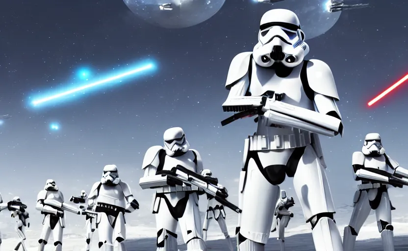 Prompt: a star wars battle scene, stormtroopers versus droids, anime scenery by Makoto Shinkai, digital art, 4k