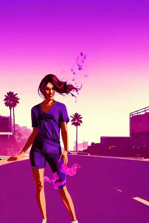 Image similar to a stunning GTA V loading screen with a beautiful woman with ombre hairstyle in purple and pink blowing in the wind, sunset, outrun, vaporware, retro, digital art, trending on artstation