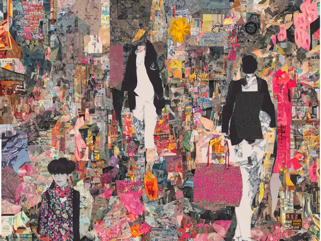 Image similar to maximalist paper collage art of a woman walking through a tokyo shopping district at sunset