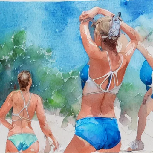 Image similar to on jupiter's moon, beach volleyball babes, botanic watercolors, iridescent, 8 k wide angle, realistic shaded, fine details, artstation, italian, oak tree, hydrangea, fun, party atmosphere