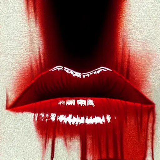 Image similar to lips sewn shut surrounded by red curtains by Conrad Roset and Nicola Samuri, close-up shot, rule of thirds, seductive look, beautiful, intricate, dystopian, sci-fi, extremely detailed, digital painting, artstation, concept art, smooth, sharp focus, illustration, intimidating lighting, incredible art, details visible, very dark ambiance