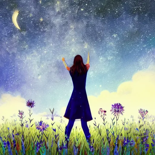 Image similar to breathtaking beautiful illustration of a girl standing in a field of wild flowers gazing up at night sky, stars and milky way and moon, extreme foreshortening, bottom - up perspective, perspective art, extreme angle, style of thomke meyer and julia plath, trending on artstation, ballpoint ultramarine and white