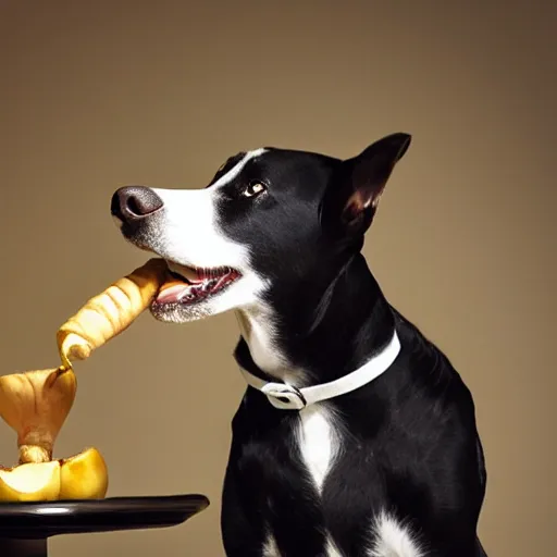 Prompt: dog trying to eat apple core under on a butler cloche dome