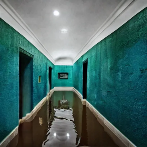 Image similar to a room flooded with blue green water, curved hallway, white ceramic tiles, dark, surreal, liminal,