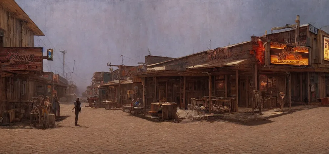 Prompt: from a movie scene, painting of a cyberpunk western saloon exterior in old town, beksinski, gregory crewdson, cinematic wide shot