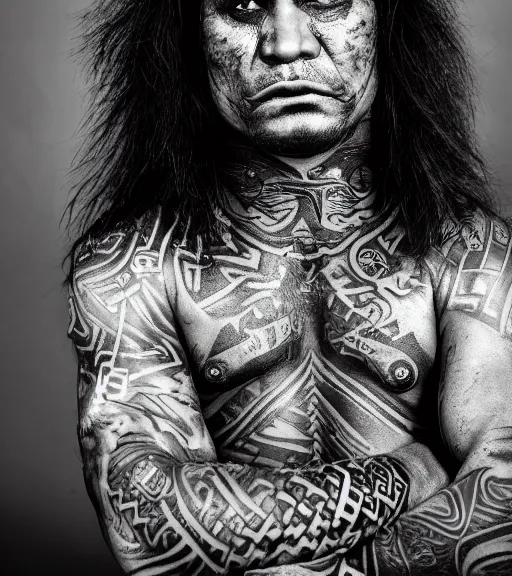 Prompt: portrait of a maori warrior, 3 0 yo, angry look, tattoos, dark background, studio light, hdr, nikon 3 5 mm f / 1. 8 g, by sebastiao salgado