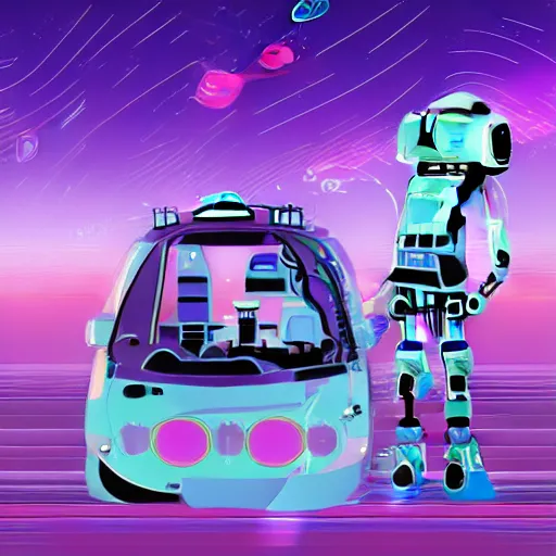 Image similar to Robot Taxi Driving through space, intergalactic background, vaporwave style