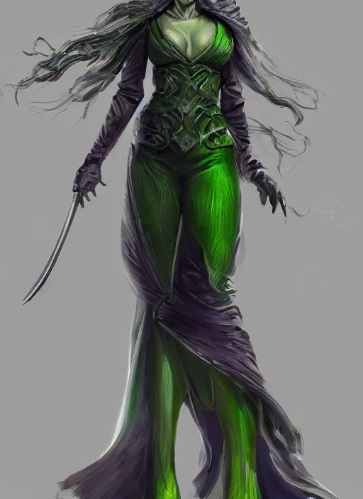 Image similar to beautiful female wicked witch, rebecca romijn as the wicked witch of the west, full body character concept, armor, super powers, fantasy, intricate, elegant, highly detailed, digital painting, artstation, concept art, shining, sharp focus, illustration, art by stanley lau