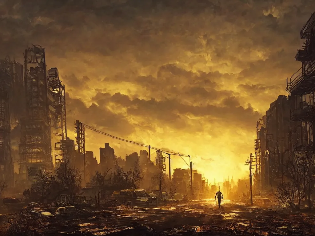 Image similar to a post apocalyptic new york city landscape after a nuclear war, beautiful radioactive sunset lighting, beautiful painting, fallout 7 6, painted by albert bierstadt