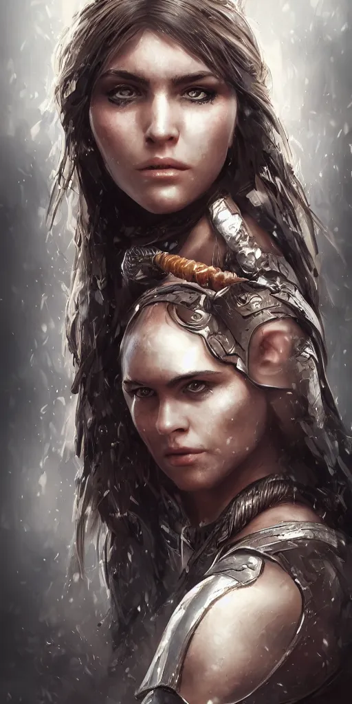 Image similar to head and shoulders portrait of a barbarian female, ultra sharp, very detailed, high quality focus by wlop