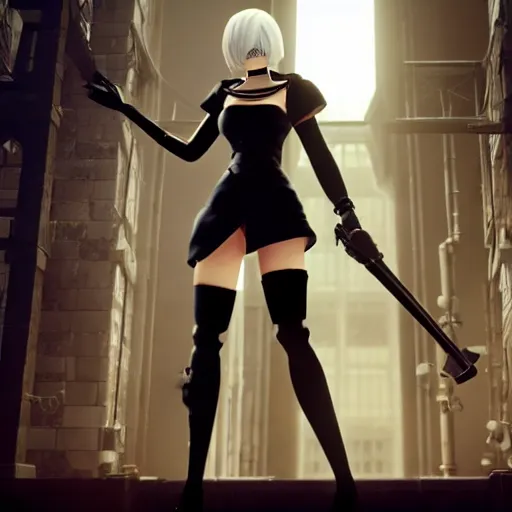 Prompt: Film still of 2B Nier Automata, from Team Fortress 2 (2007 video game)