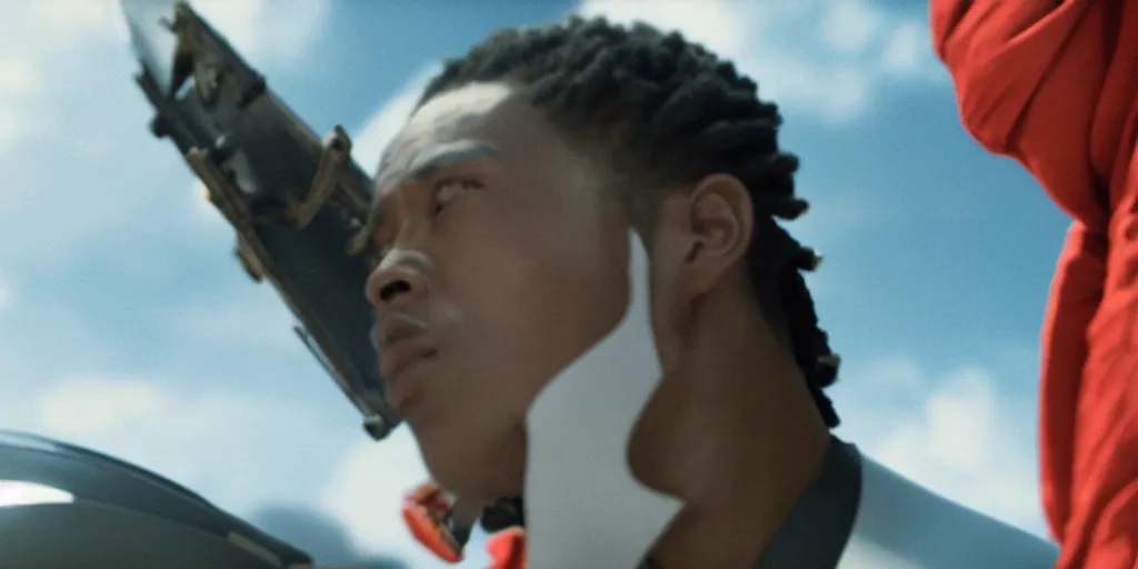 Image similar to a film still of a light skinned black man starring as an ancient samurai flying in a futuristic spacecraft, japanese blockbuster film, the sky is red, shallow depth of field, cinematic, award winning cgi, vfx, film still