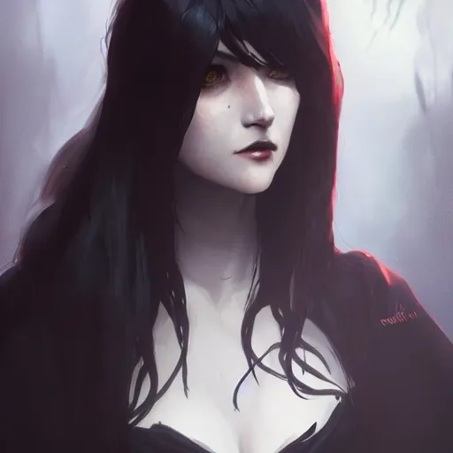 Image similar to female human vampire witch in the style of greg rutkowski, makoto shinkai, trending on artstation, character design, concept art, pretty face, highly detailed, long black hair, portrait, digital art