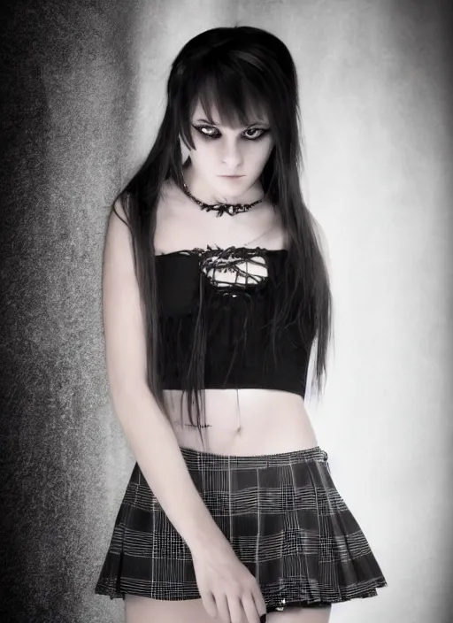 Image similar to gothic teen girl in plaid mini skirt and crop top, beautiful face, intricate, extremely detailed, modeling photography, 8 0 mm camera, dramatic lighting, dark room, body and face