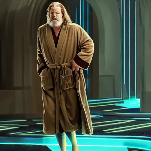 Image similar to dude lebowski dressed in bathrobe played by jeff bridges, stuck in tron realm, photorealistic movie still, detailed 8 k, poster style, high resolution