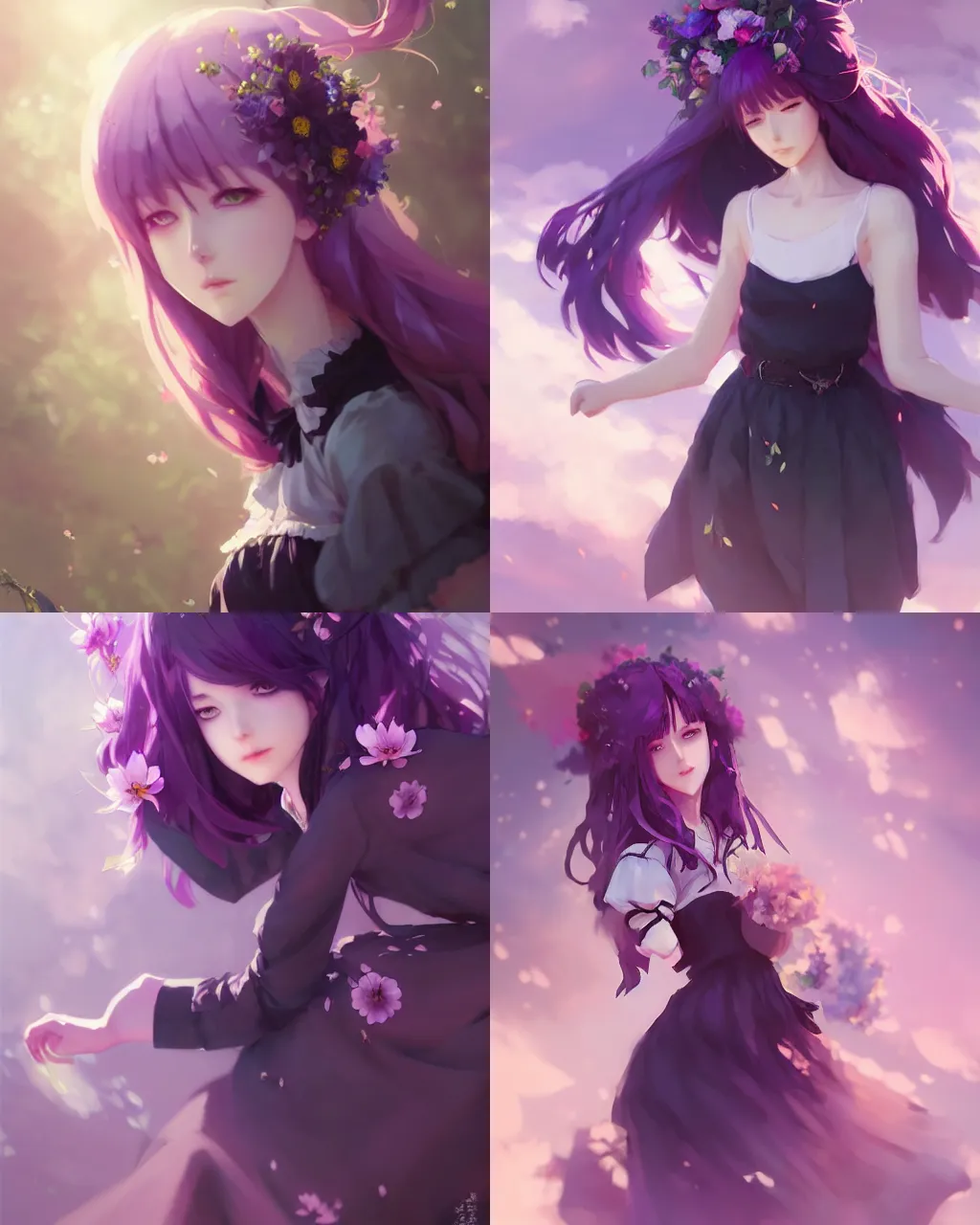 Prompt: girl with purple hair and black skirt, flower decoration on the background, a beautiful half body illustration, top lighting, perfect shadow, soft painting, art by hidari and krenz cushart and wenjun lin