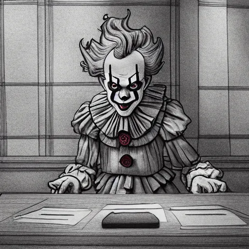 Image similar to pennywise at the witness stand in court. full body. court sketch. intricate. 8 k. highly professionally detailed. hdr. cgsociety