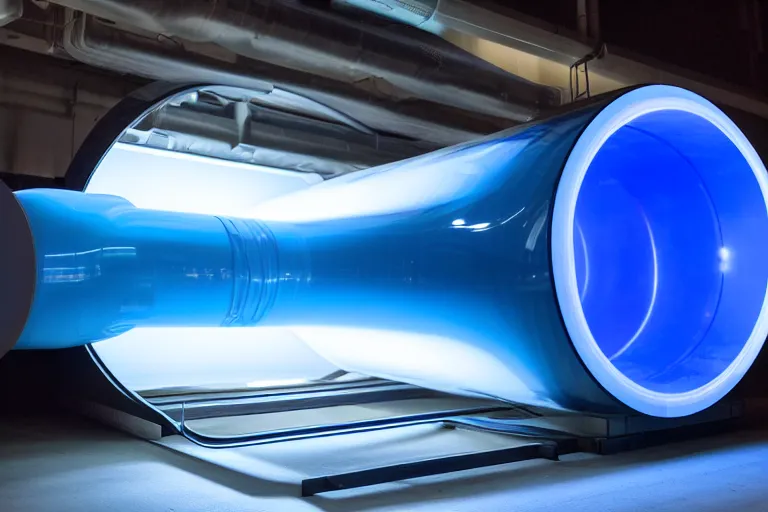 Prompt: dark blue transparent plastic hyperloop opening pipe glowing in the dark space capsule