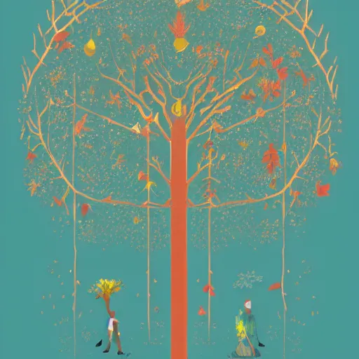 Image similar to a tree representing seasons from winter, spring, summer and fall, by victor ngai