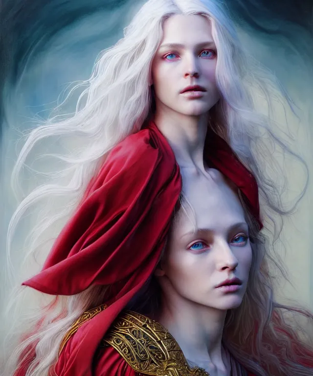 Image similar to hyperrealistic mixed media painting of a beautiful young female wizard, stunning 3d render inspired art by P. Craig Russell and Barry Windsor-Smith + perfect facial symmetry + dim volumetric lighting, long flowing white hair, pale skin, ornate crimson robes, dizzy, full body, confident heroic pose, 8k octane beautifully detailed render, post-processing, extremely hyperdetailed, intricate, epic composition, grim yet sparkling atmosphere, cinematic lighting + masterpiece, trending on artstation, very very detailed, masterpiece, stunning